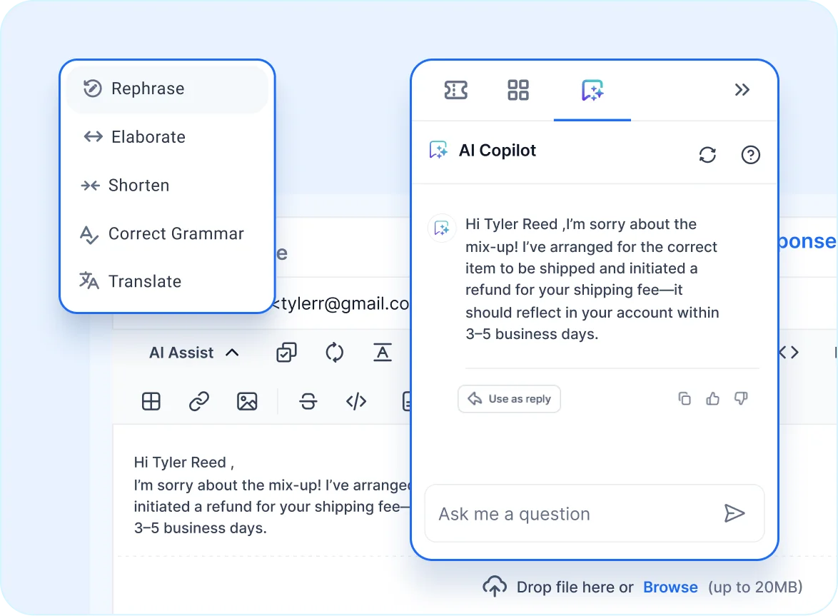AI-powered help desk software for SaaS showing smart reply options like rephrase, elaborate, and translate