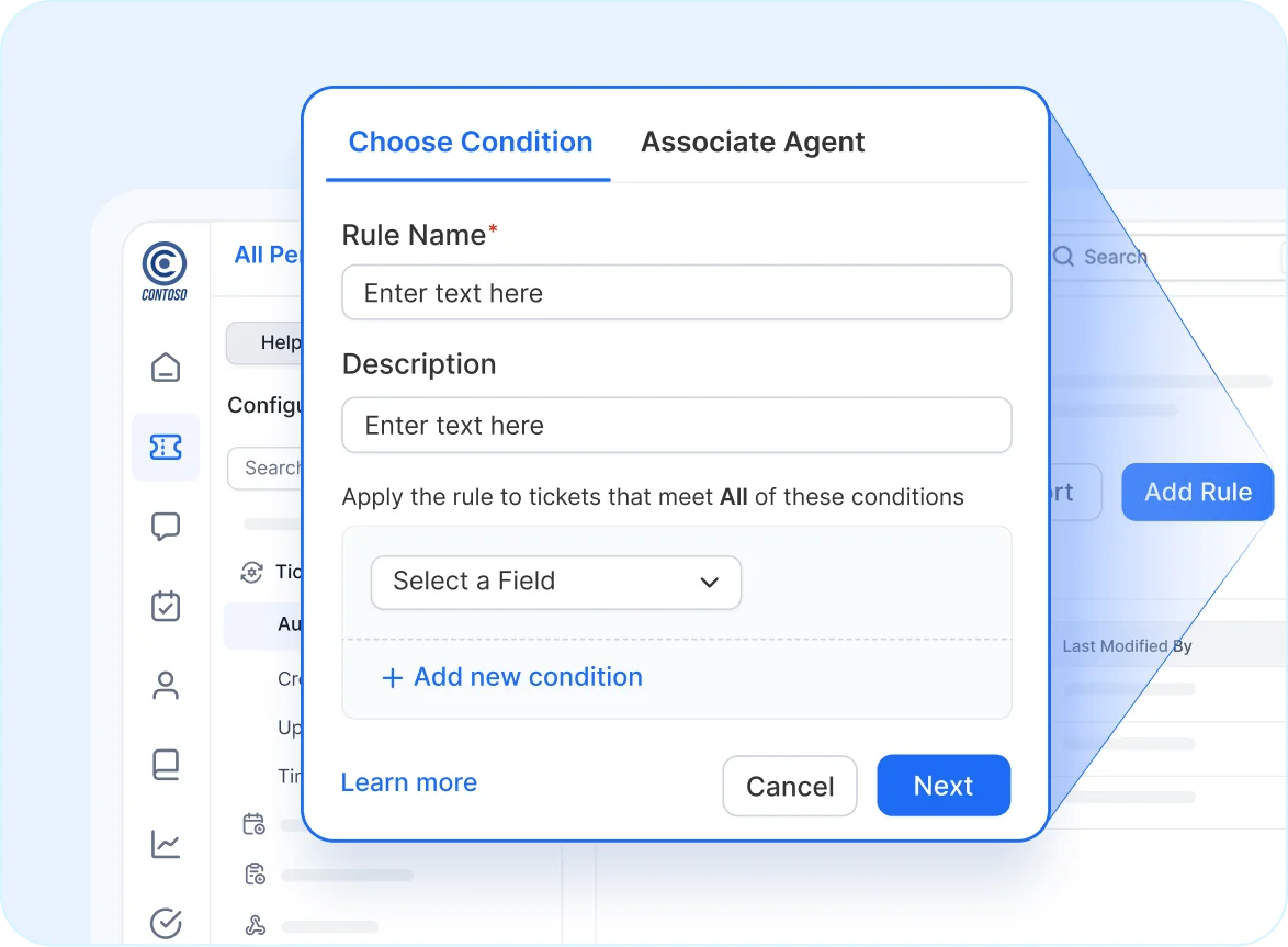 Help desk software for SaaS showing rule configuration panel to automate ticket assignment and workflows