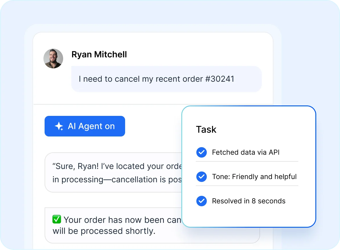 Help desk software for SaaS showing real-time messaging with AI agent for instant customer support