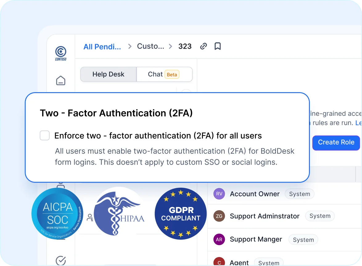 Help desk software for SaaS showing two-factor authentication settings with compliance badges like GDPR and HIPAA