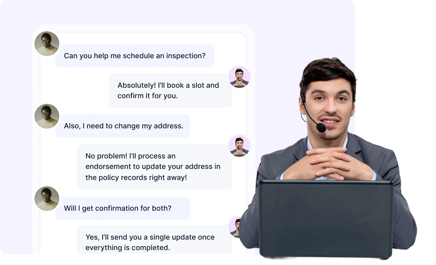 Customer service agent with headset at laptop, chat shows scheduling an inspection and updating address details.
