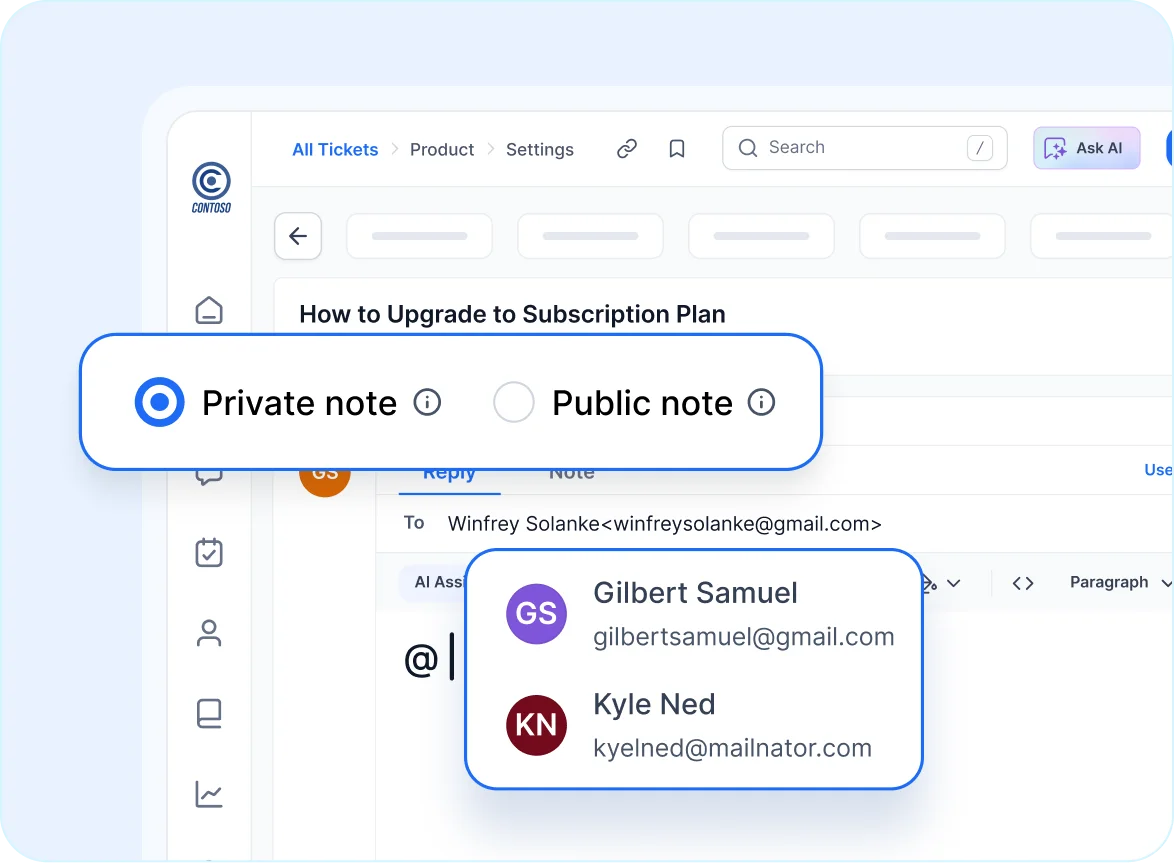 Help desk software for SaaS showing private and public note options for internal and external ticket communication.