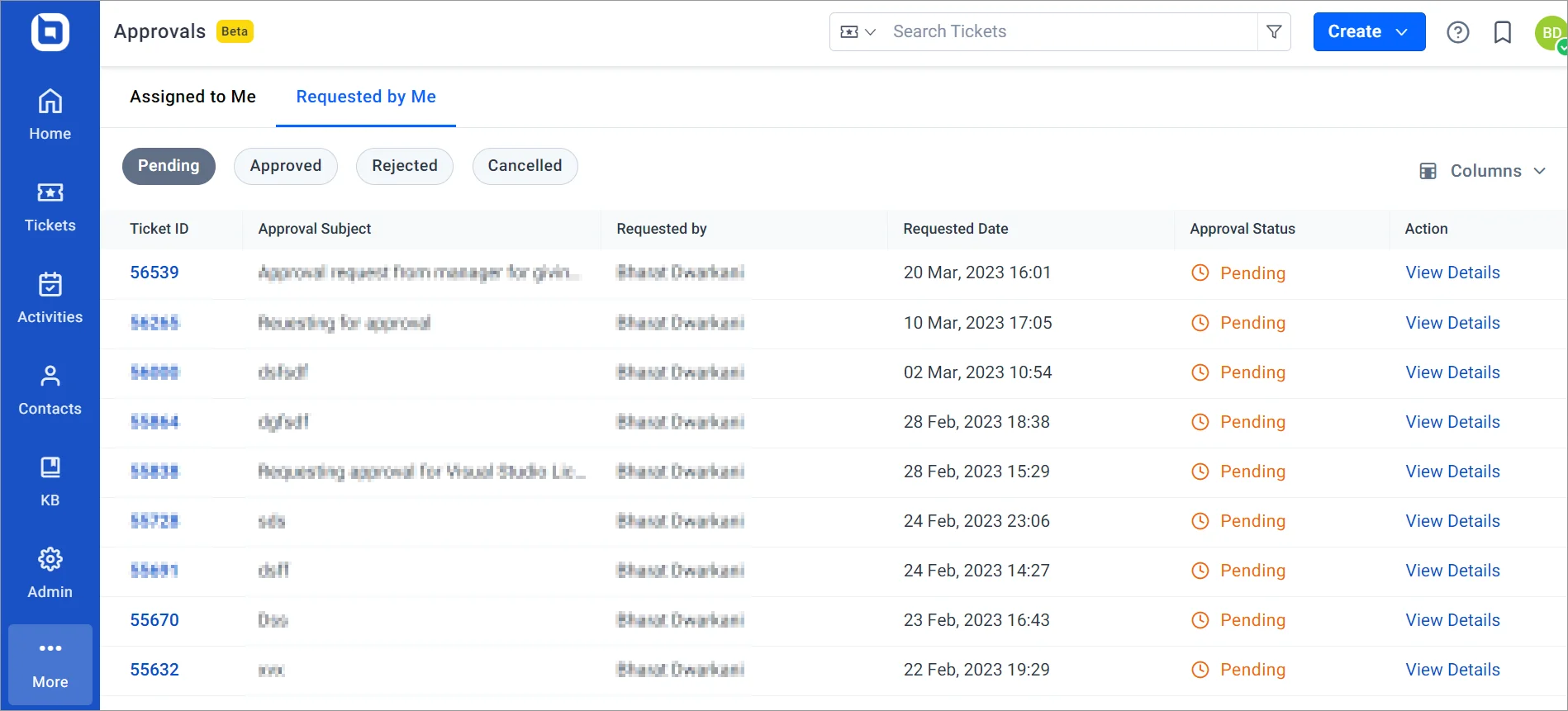 Dashboard listing pending ticket approvals; 'Pending' status with 'View Details' links. Sidebar icons for navigation tools.