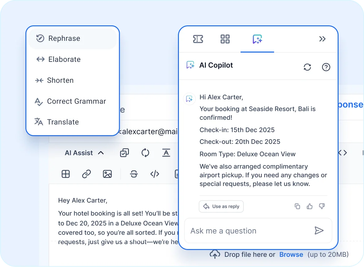AI interface with options like rephrase and translate, confirming a hotel booking in Bali with detailed room information.