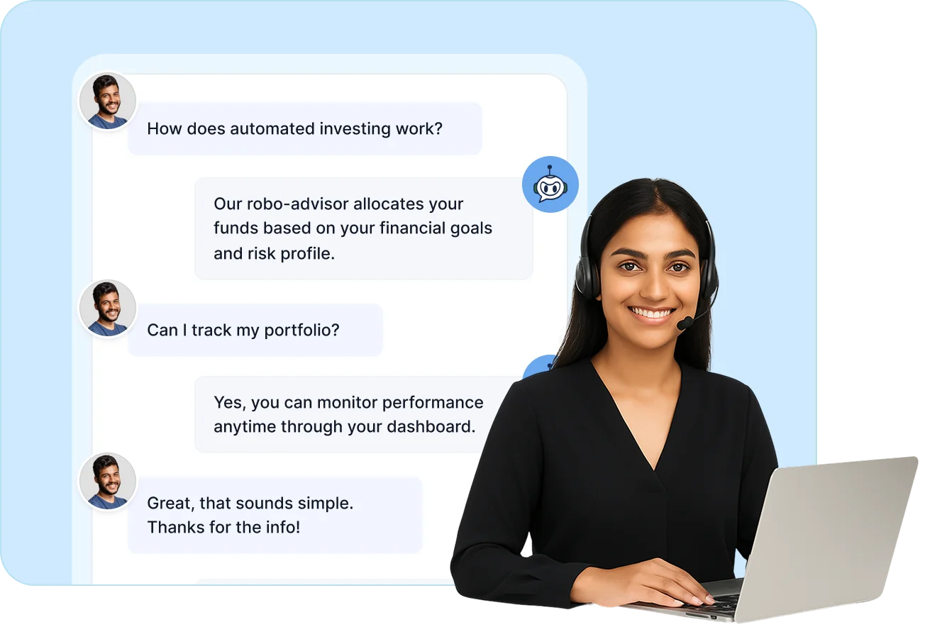 Automated investing chat and fintech customer service explaining robo-advisor and portfolio tracking