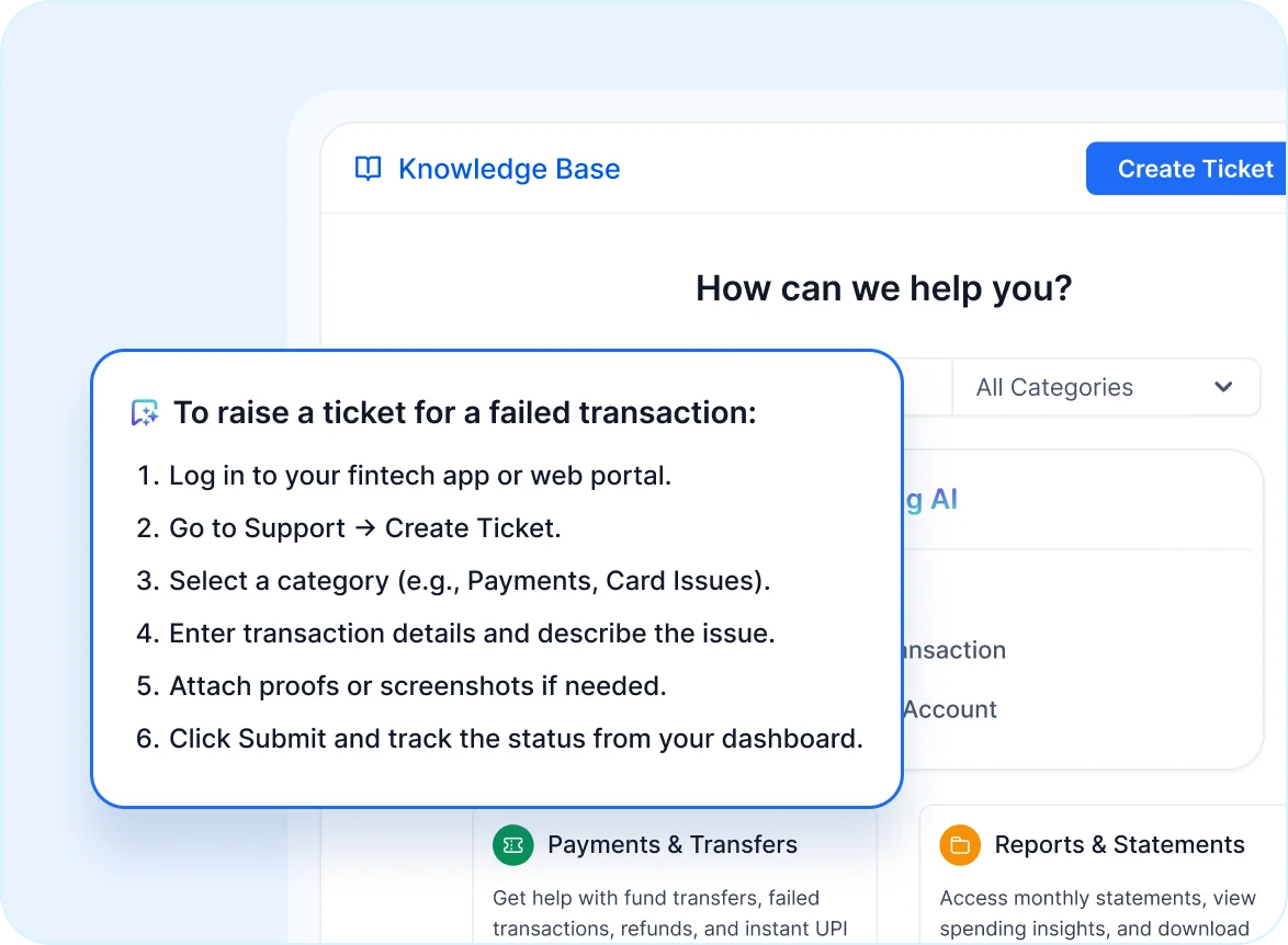 Self-service portal and help desk for fintech with knowledge base for ticket creation