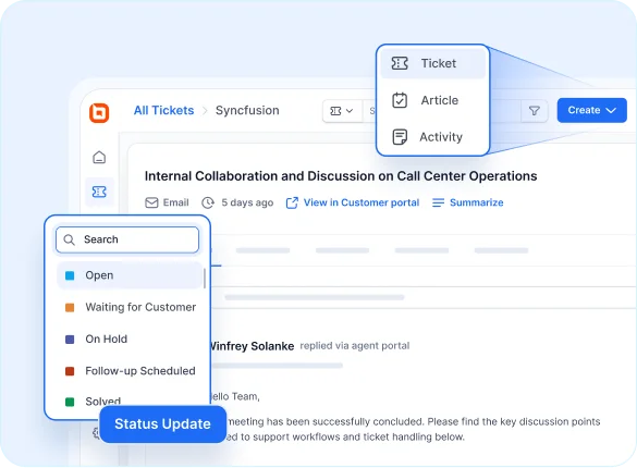 Help desk for call center with ticket dashboard, status filters, and internal collaboration tools.