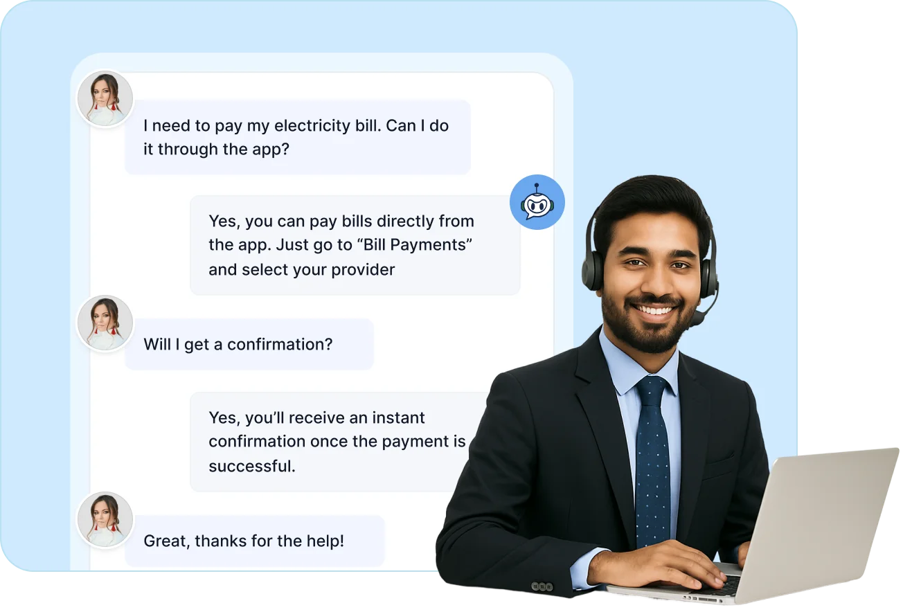 Fintech customer service assists with bill payments and instant confirmation through app