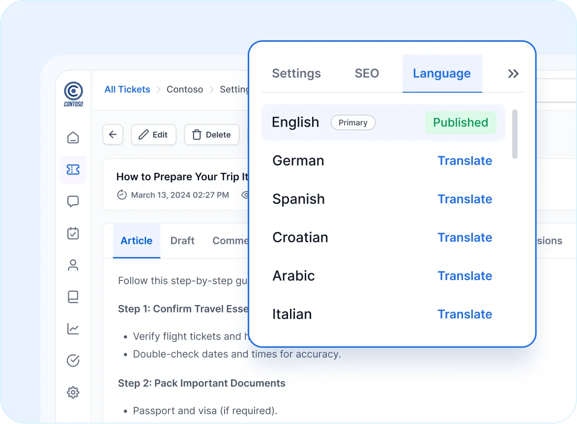 Article editor showing English as the primary language with options to translate into German, Spanish, Croatian, Arabic, and Italian.