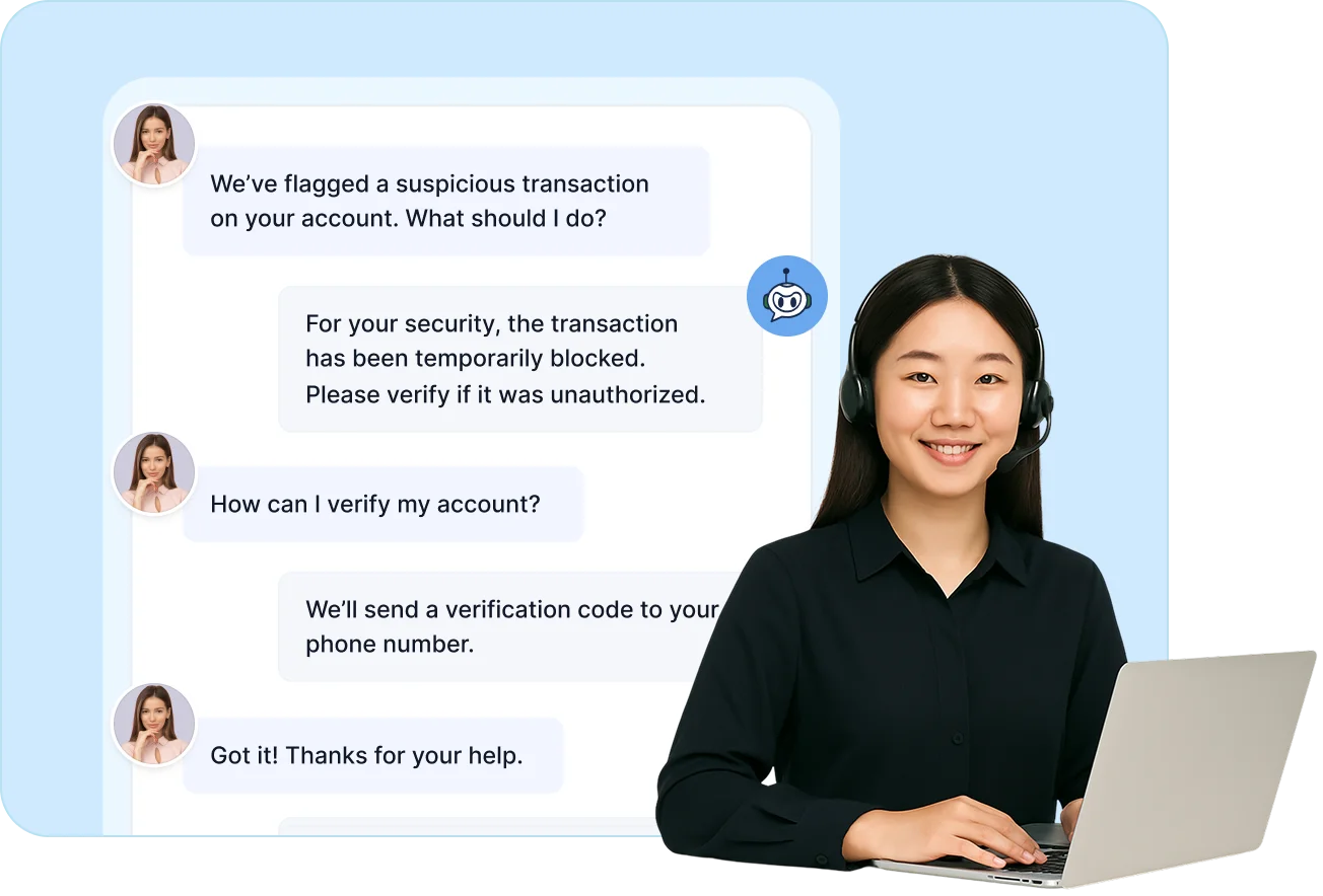 Suspicious transaction alert and help desk for fintech guiding account verification steps