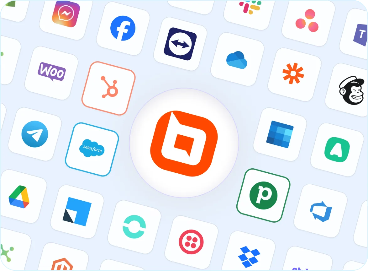 App icons for social media, cloud, and productivity tools are arranged around a central logo to show platform integration.