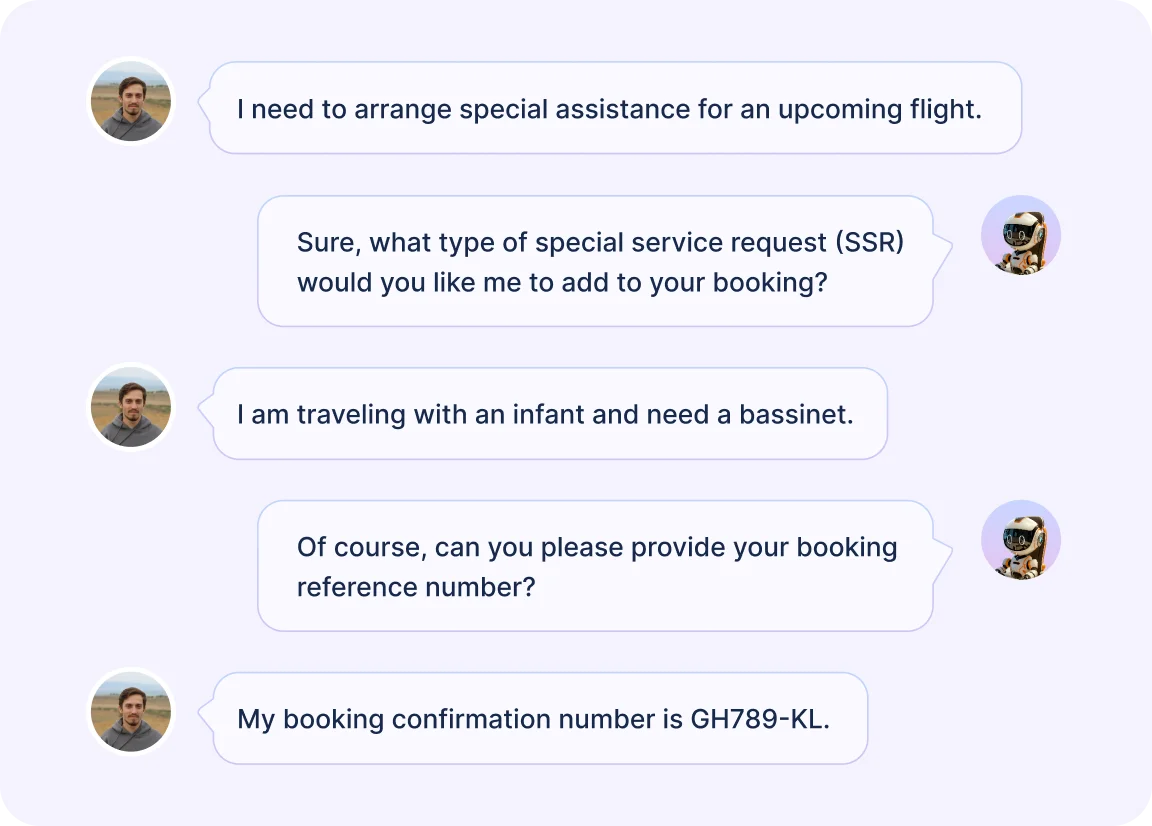  Airline chat interface showing an AI agent handling an infant bassinet request.