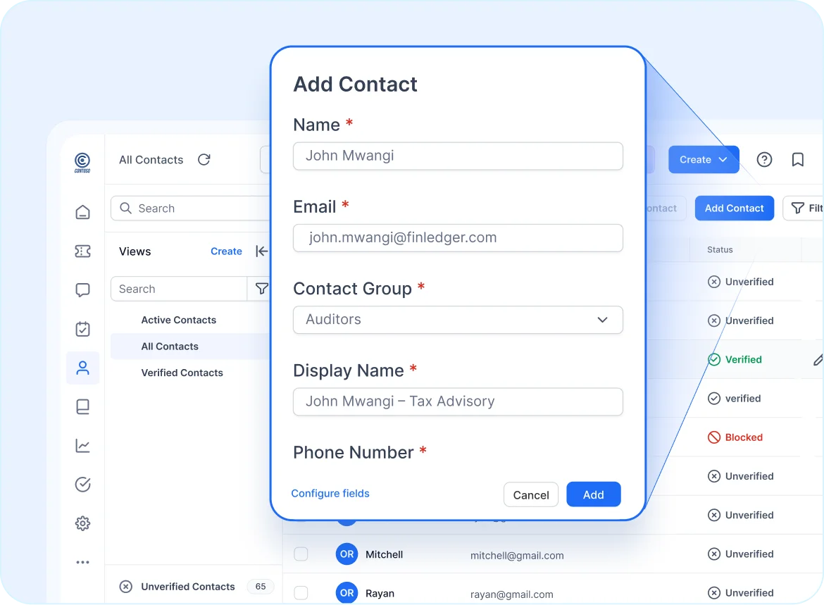 
Add contact form with fields for name, email, and phone number in accounting help desk software interface.