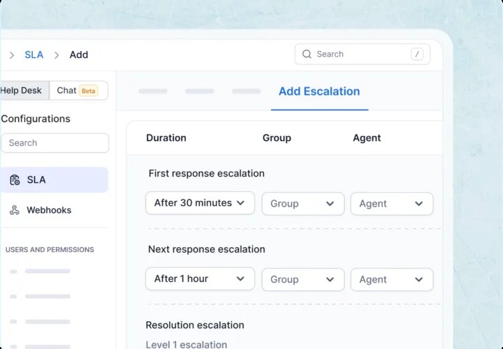 SLA escalation rules defining response and resolution timelines to prevent stalled tickets and growing inbox backlogs