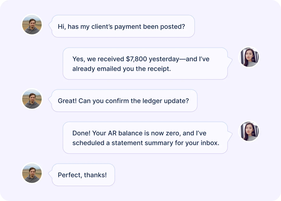 Chat interface confirming client payment and ledger update in accounting help desk software.