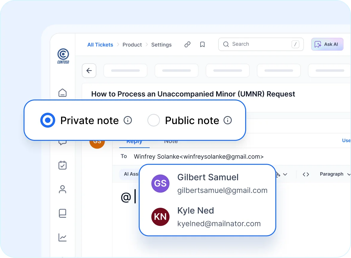 Airline support interface featuring private notes and colleague tagging within an unaccompanied minor request ticket.
