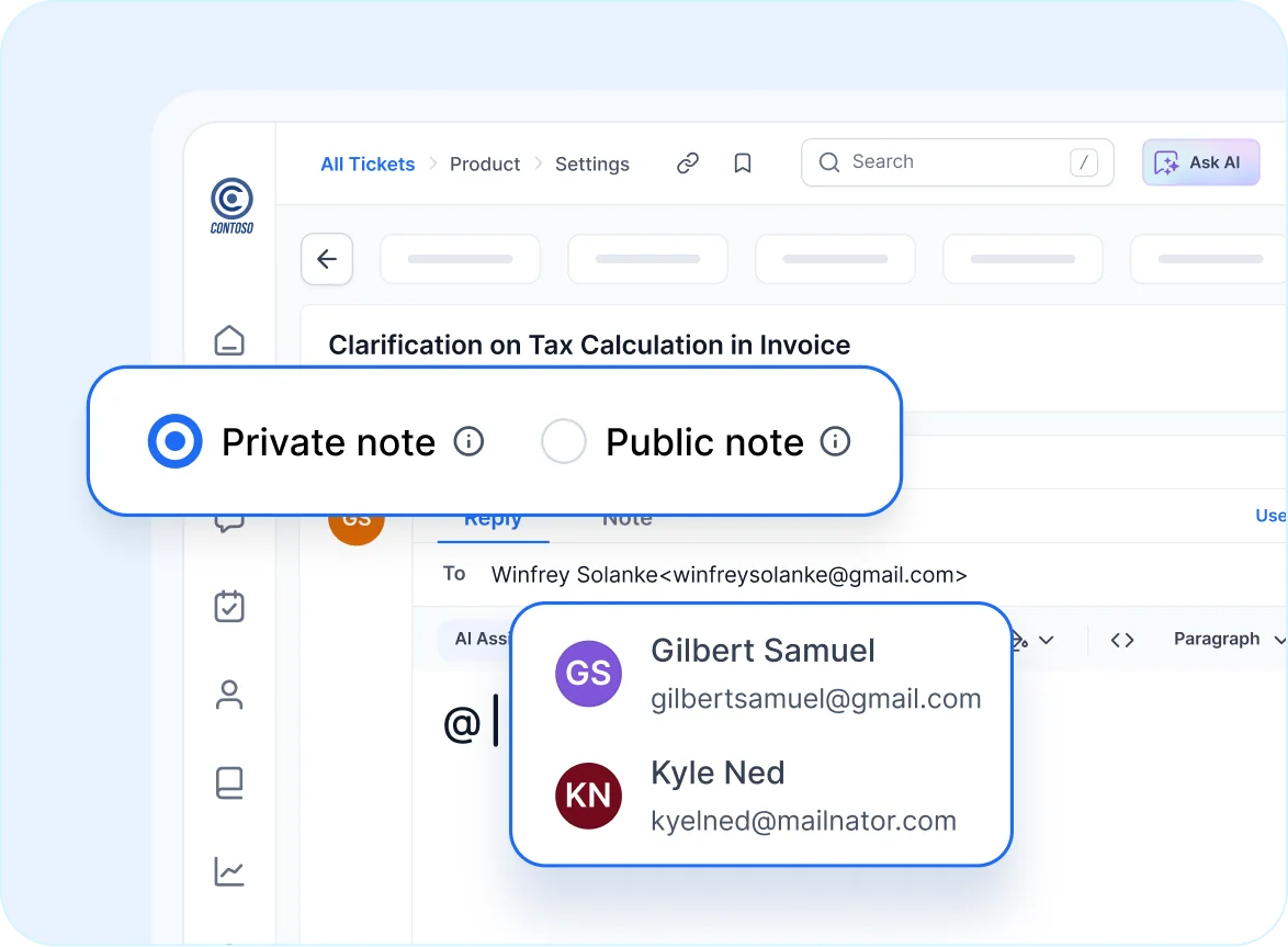 Accounting ticket interface with ‘Private note’ enabled and an @mention dropdown displaying colleagues to tag.