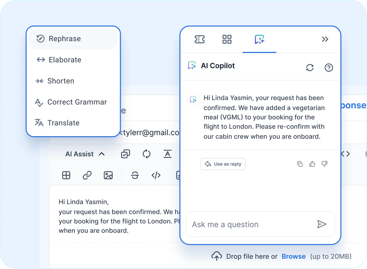 Airline support interface with AI Copilot drafting a response to confirm passenger meal request, alongside other AI writing tools for rephrasing and translating.