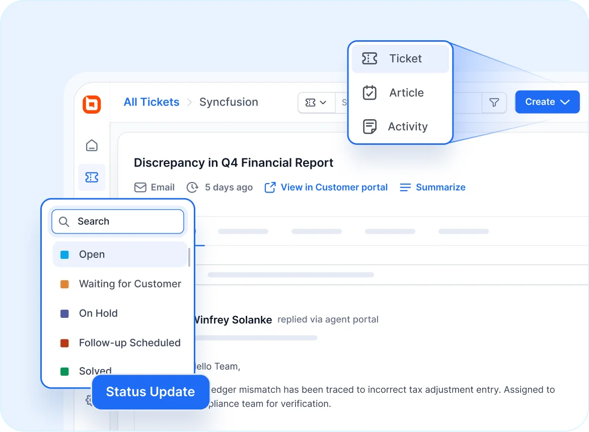 
Status update and ticket creation options for resolving financial report issues in accounting troubleshooting services.