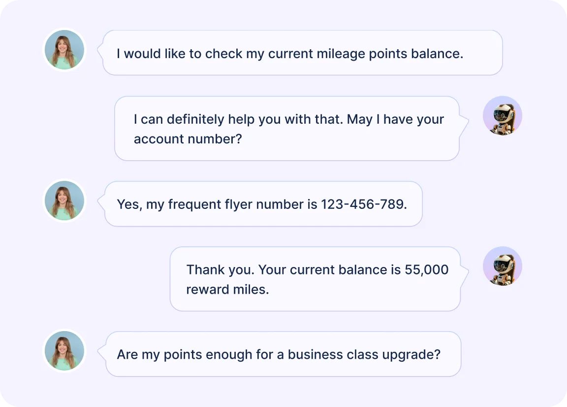  Airline chat interface showing an AI agent checking a passenger's mileage balance
