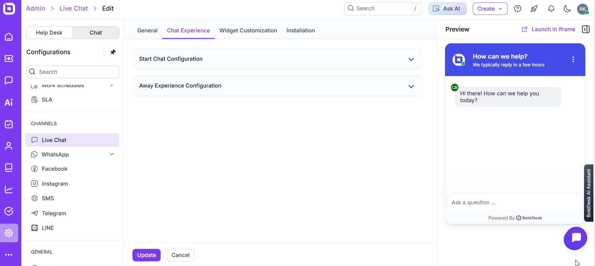 GIF showing live chat configuration in BoldDesk