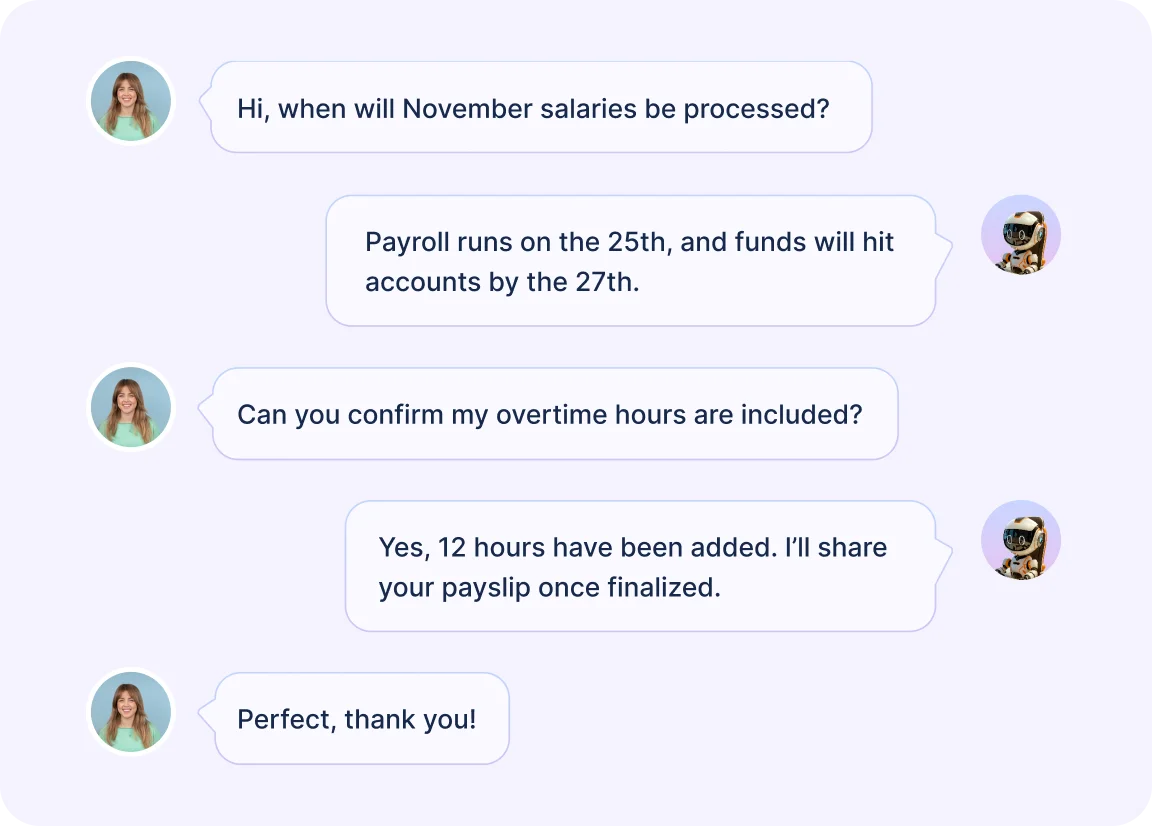 Payroll support chat where an employee asks about salary processing and overtime, with confirmations from the agent.