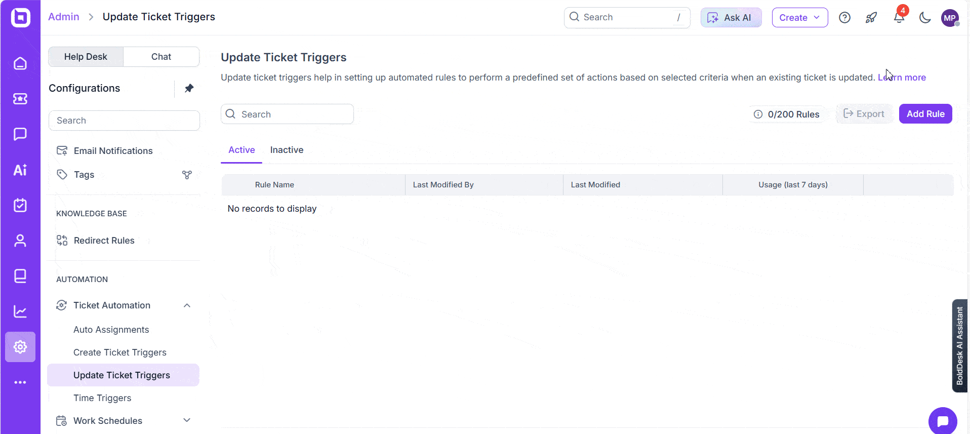 GIF showing the reply action in event automation in BolDesk