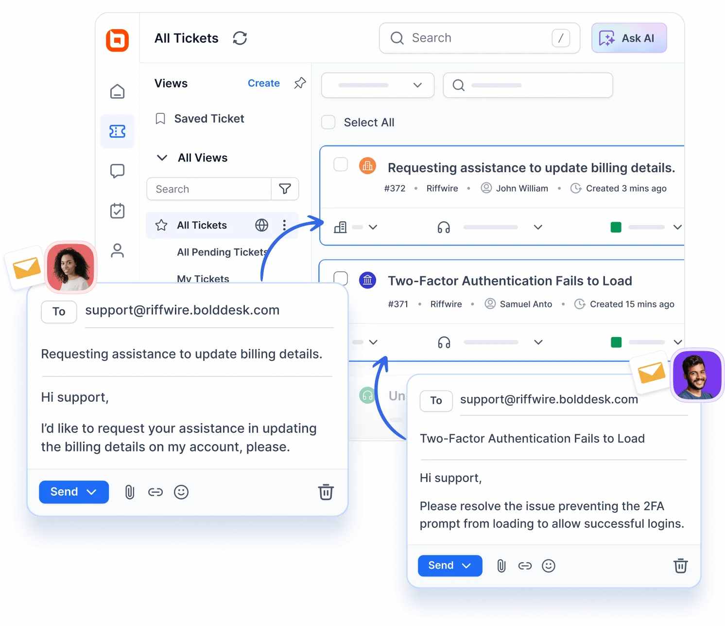 BoldDesk dashboard showing linked support emails for billing update and 2FA issue, illustrating support team collaboration