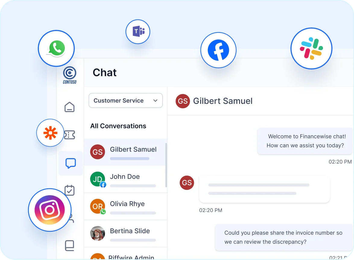 
Multi-channel chat interface with social media icons for customer support in accounting help desk for startups.