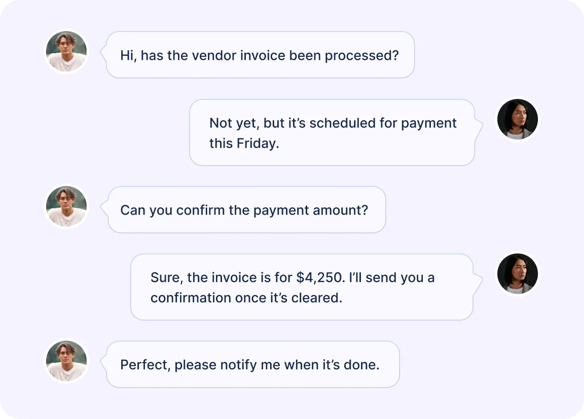 Chat interface showing invoice payment confirmation and status updates in accounting help desk software.