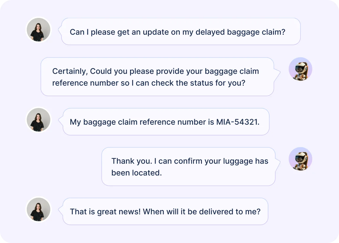 Airline chat interface showing an AI agent providing a delayed baggage update.