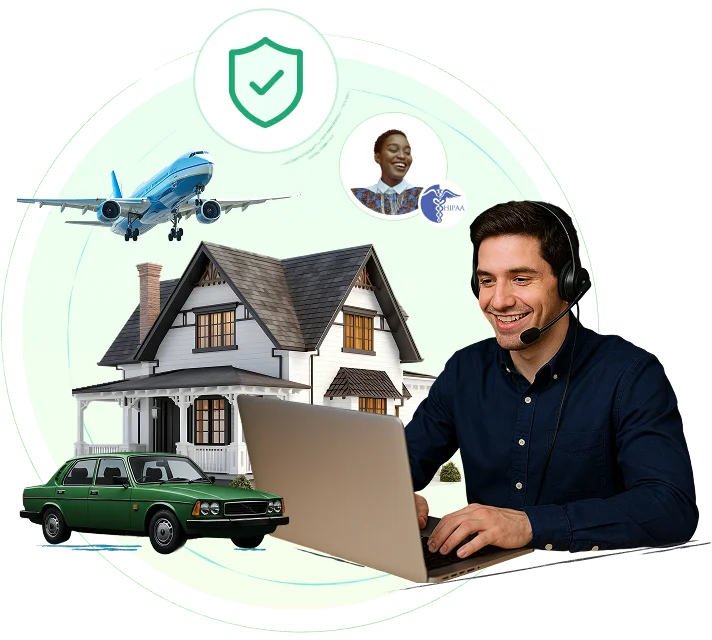 Smiling man with headset at laptop, surrounded by icons of house, car, airplane, and insurance-signaling secure service.