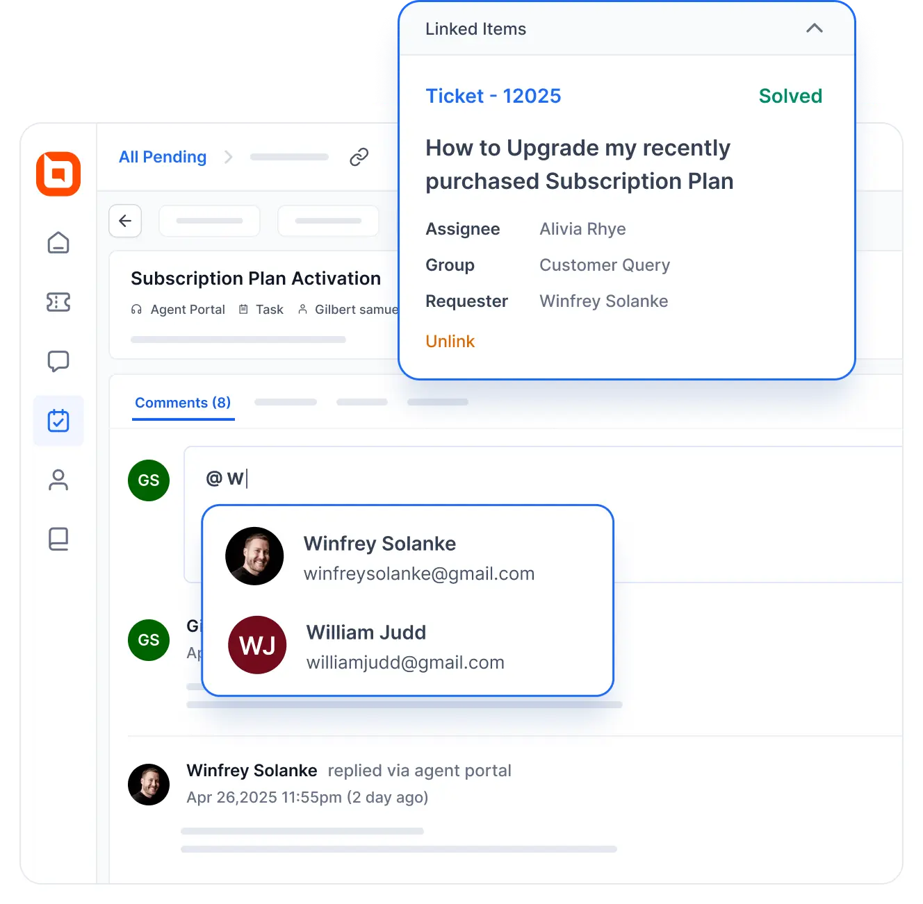 Task management system interface showing linked ticket details and user tagging in subscription activation workflow.