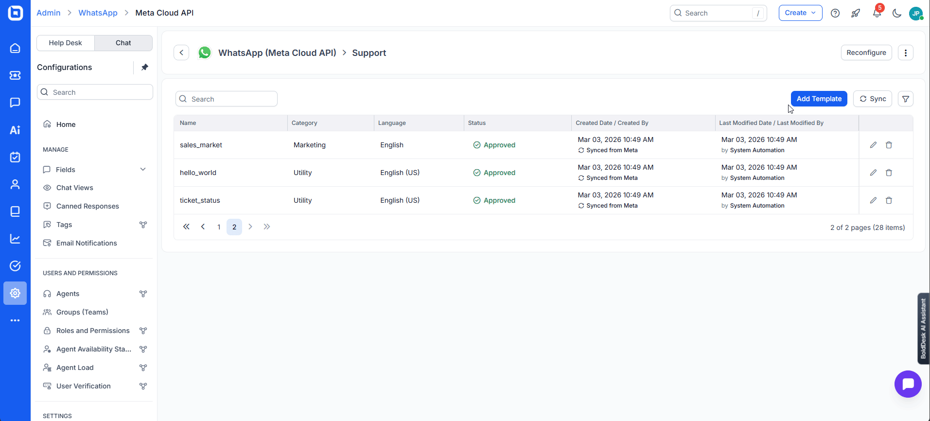 WhatsApp Meta Cloud API screen displaying message templates with options to add, sync, and manage template details