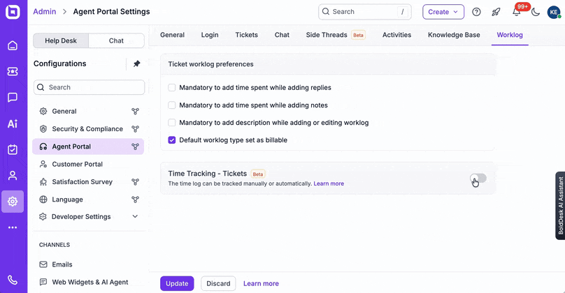 GIF showing Time Tracking settings with manual and automatic modes, tracked actions, and idle-handling configuration.