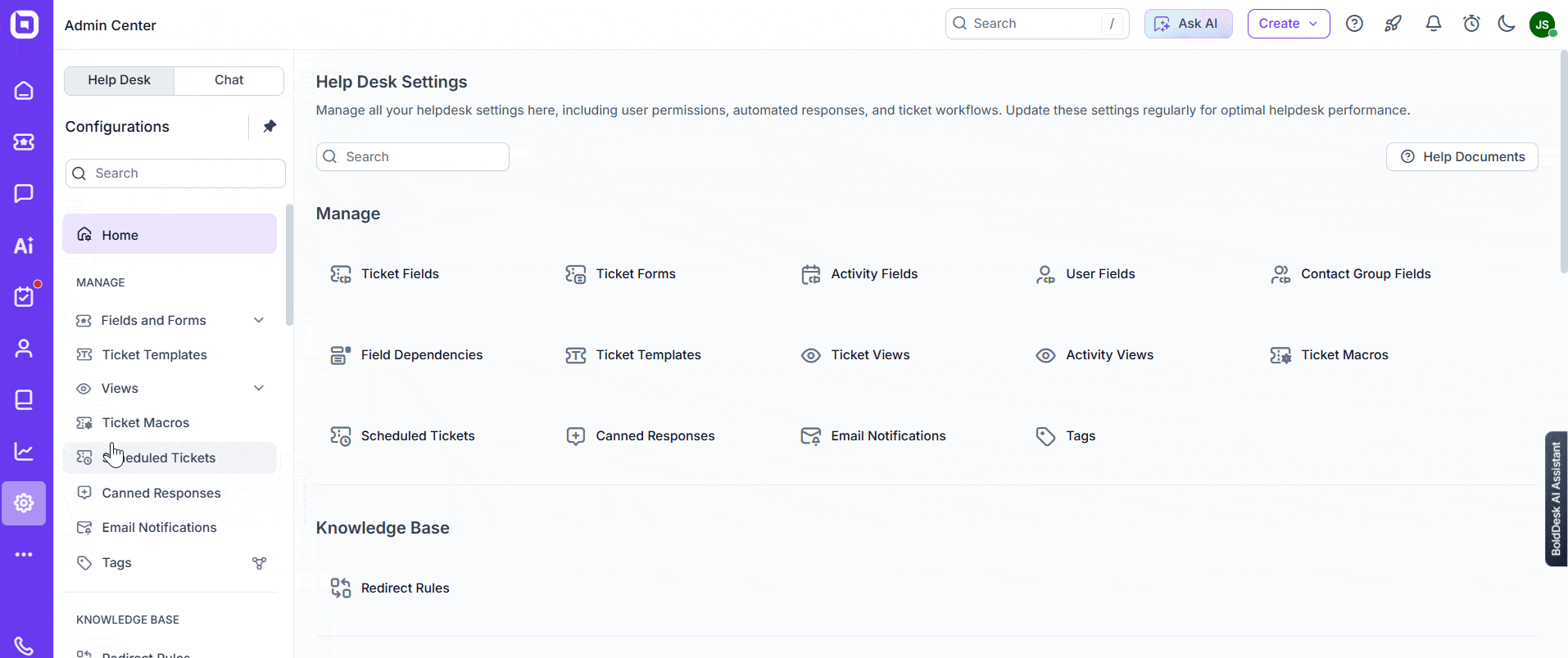 GIF showing configuration options for managing fields, forms, and sentiment detection in help desk settings.