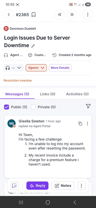 Mobile ticket view showing status, messages, and actions used for managing issues with Jira mobile app integration