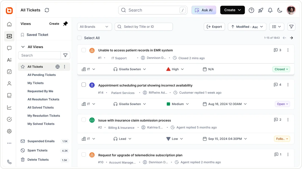Zendesk vs BoldDesk comparison showing BoldDesk’s ticket management dashboard with ticket lists, filters, and support views.
