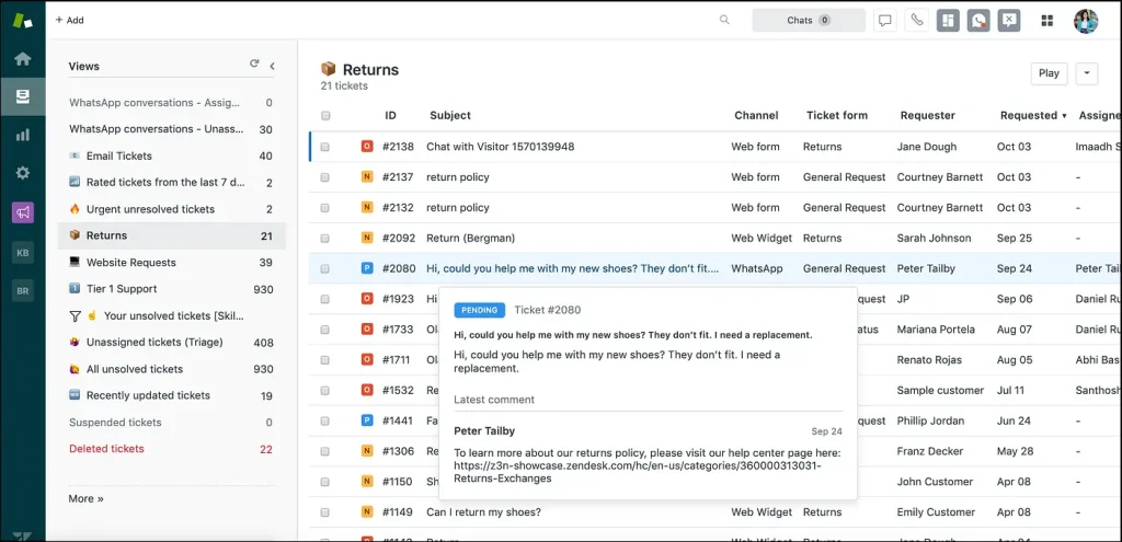 Zendesk vs BoldDesk comparison featuring Zendesk ticket management interface with WhatsApp, email, and web support tickets.