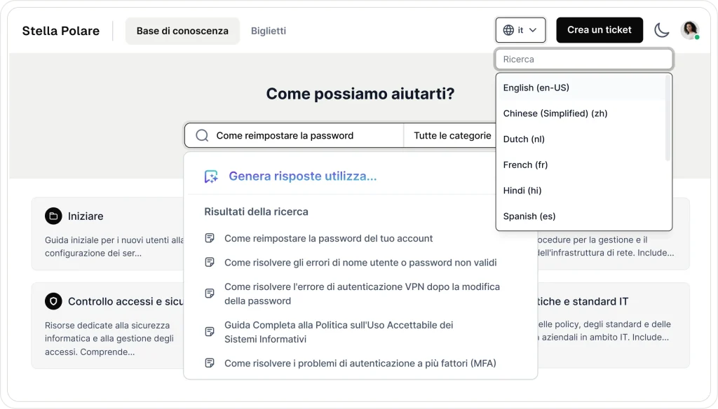 Multilingual knowledge base portal showing Italian search results, AI suggestions, and language selection menu.