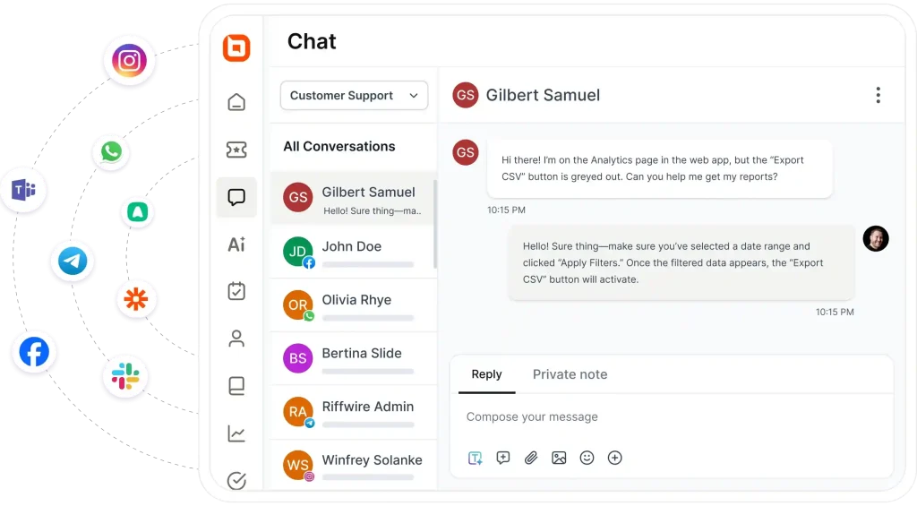 Omnichannel support dashboard unifying customer conversations from social, messaging and collaboration apps channels