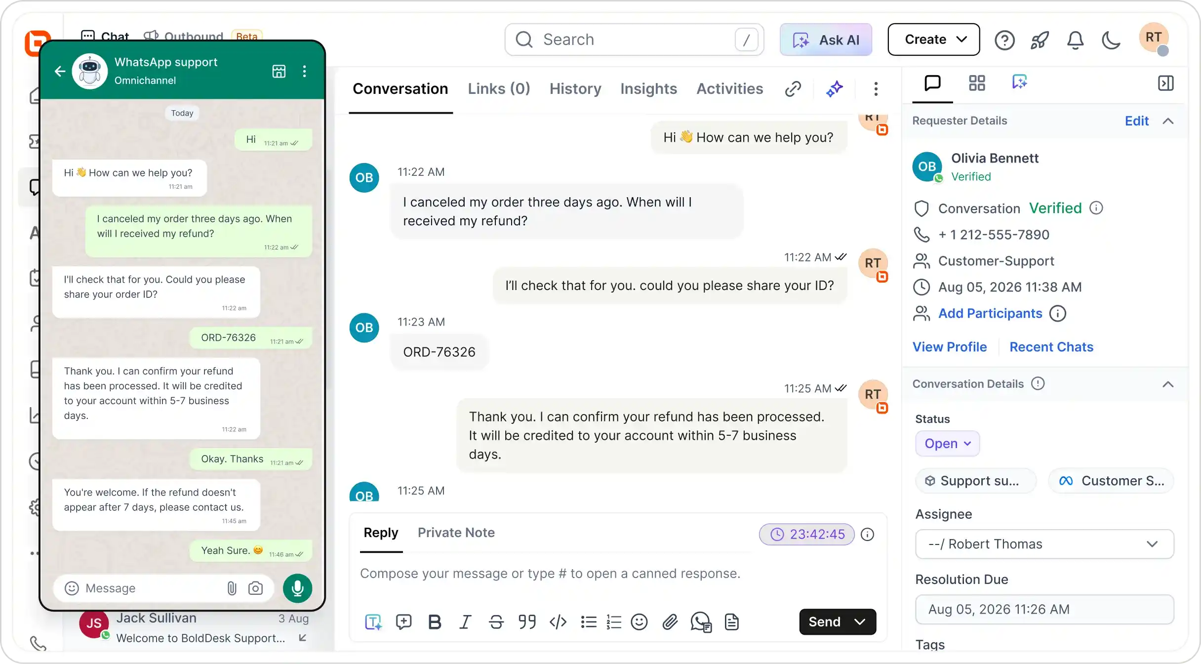BoldDesk WhatsApp support dashboard with synchronized customer conversations and ticket details