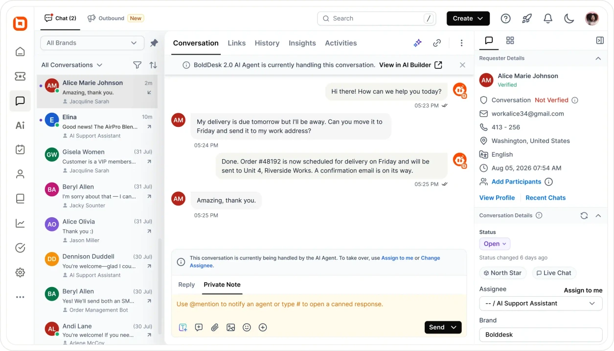 BoldDesk AI Agent reschedules customer delivery and updates the address via live chat AI actions.