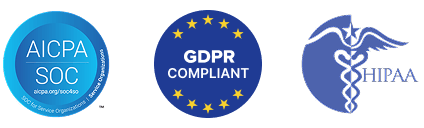AICPA SOC, GDPR Compliant, and HIPAA compliance logos displayed side by side, representing security standards.
