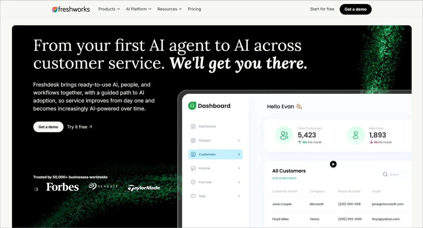 Freshdesk automated ticketing system homepage highlighting an agentic AI customer service solution with AI chat interface