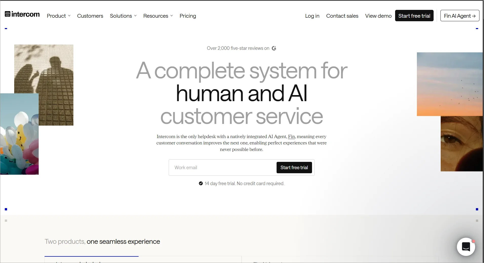 Intercom automated ticketing system homepage highlighting AI-powered customer service, automation, and support tools.