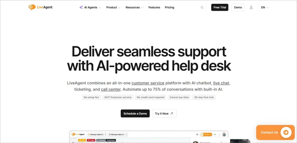 LiveAgent automated ticketing system homepage highlighting AI-powered help desk, ticketing, live chat, and call center tools.