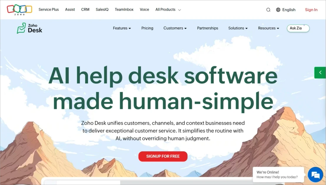 Zoho Desk help desk software homepage highlighting AI-powered customer support, automation, and multichannel service.