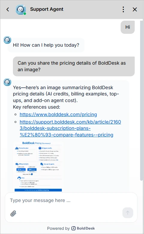 AI agent file and image generation creates images and files directly within BoldDesk chat conversations