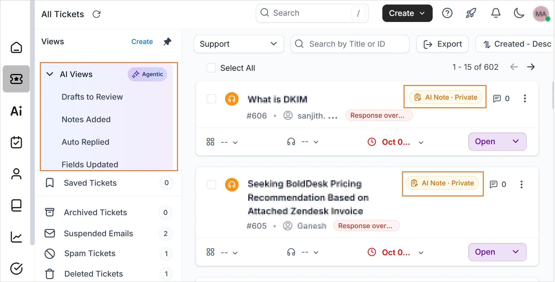 AI views and AI state indicators help agents track AI-handled tickets and recent AI actions in BoldDesk